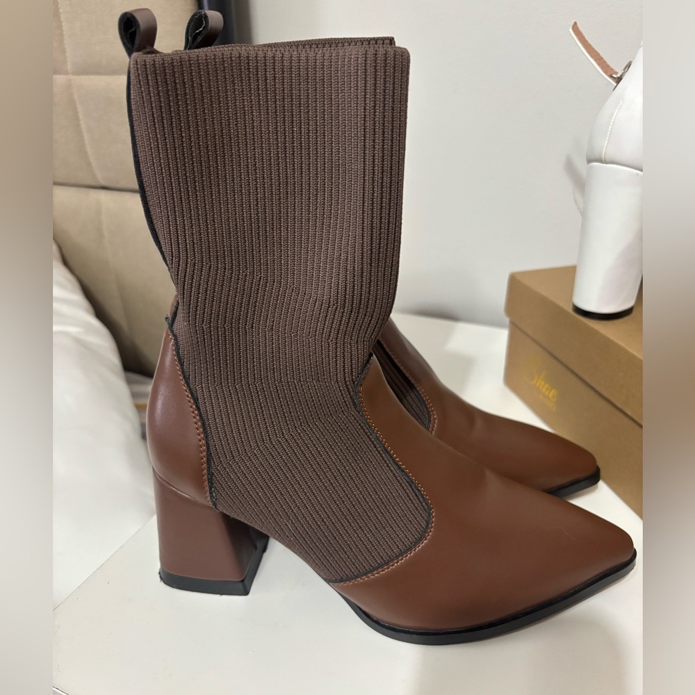 Zara Brown Ribbed Heeled Boots